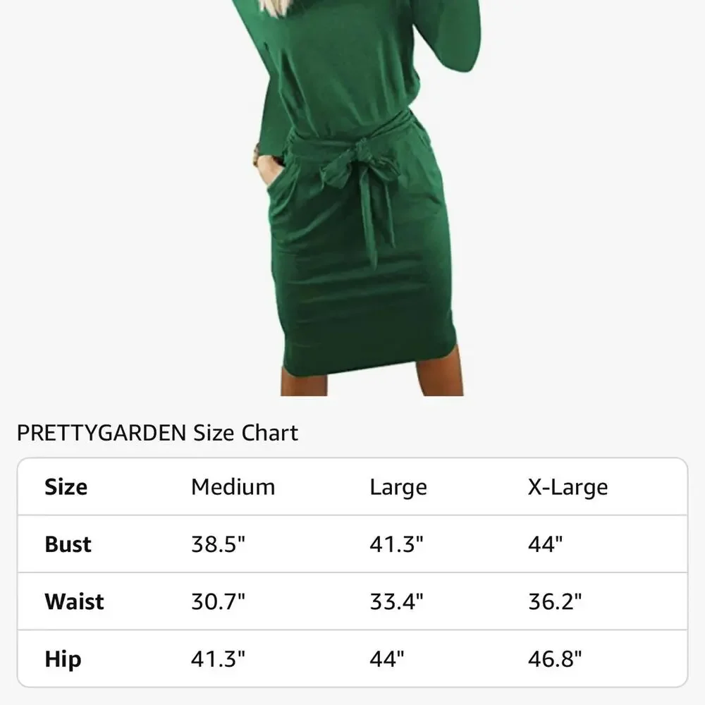 PRETTYGARDEN Long Sleeve Tie Waist Fall Dress w/Pockets Size XL - Picture 4 of 4